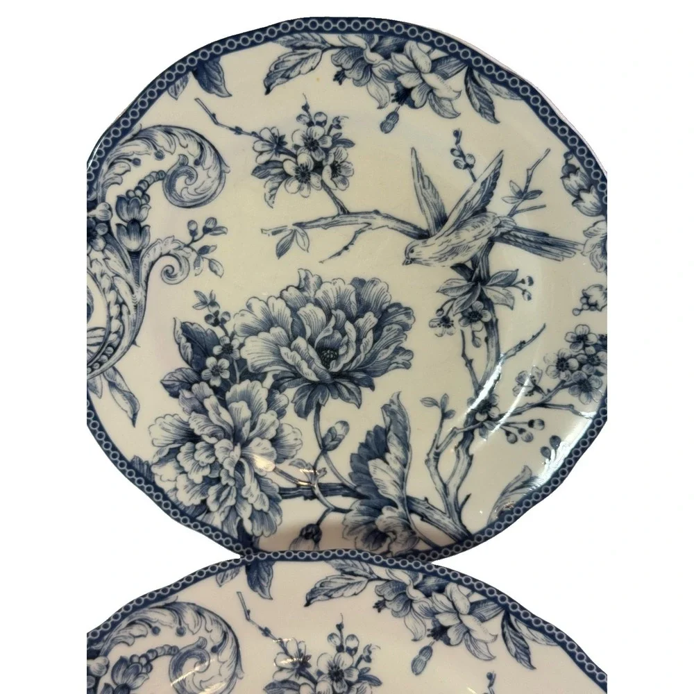 Lot of 2 222 Fifth Adelaide Blue White Toile Salad Plates 8.5